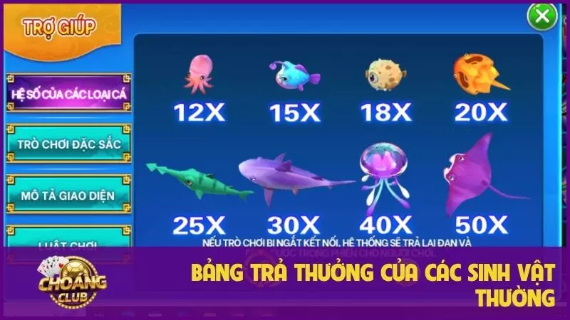 Bắn Cá Thần Tài: Hướng dẫn chi tiết chinh phục đại dương may mắn 2 Bảng trả thưởng của các sinh vật thường